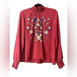 Soulmates Blouse Red Floral Embroidered High Neck Long Sleeve